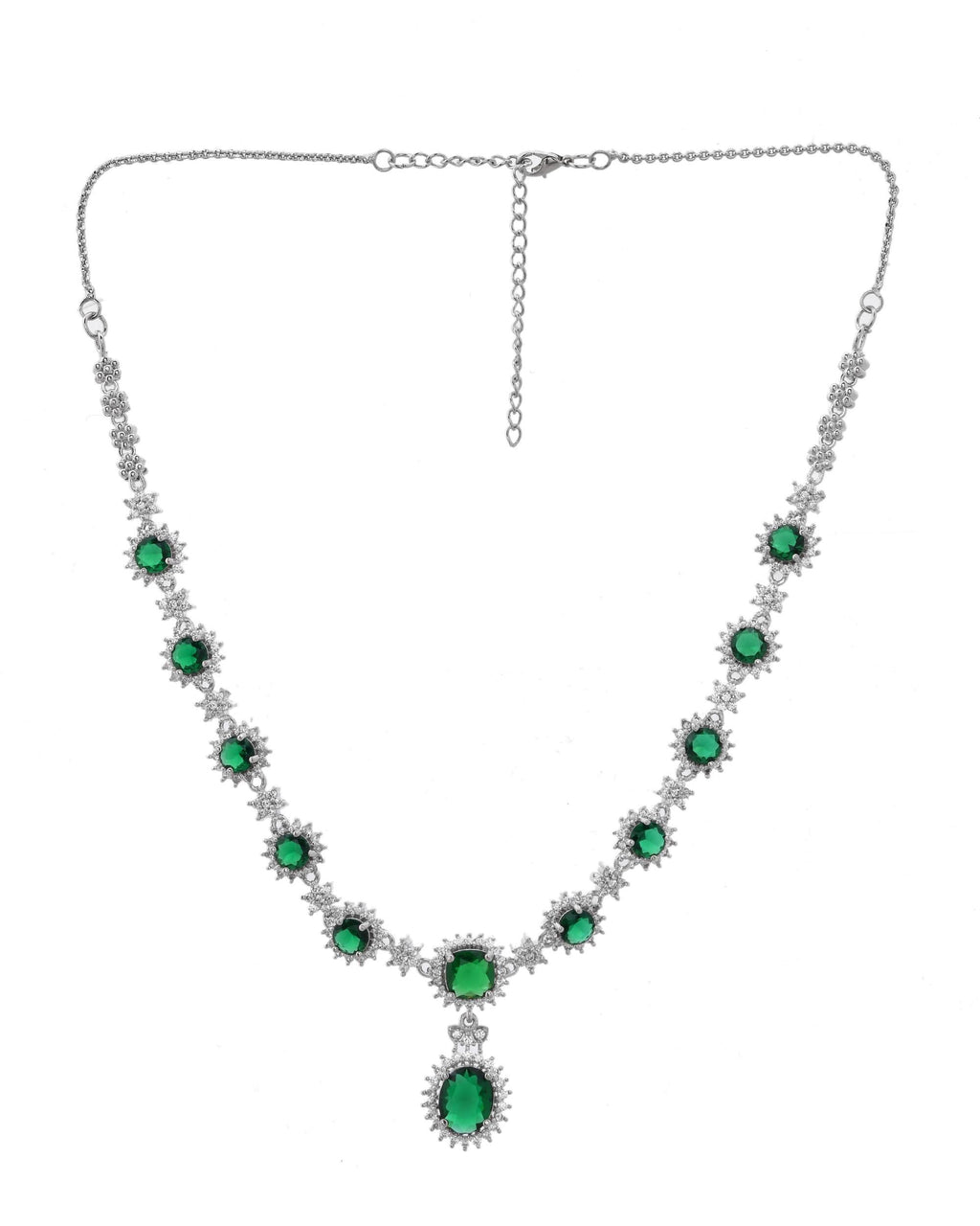 VOJ Silver Plated Green Ad Stone Studded Necklace With Earrings Set | Grocsy