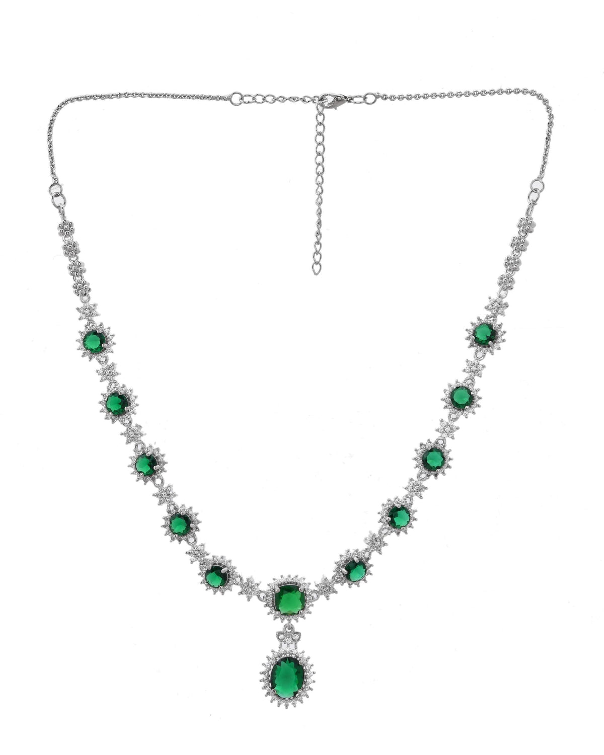 VOJ Silver Plated Green Ad Stone Studded Necklace With Earrings Set | Grocsy