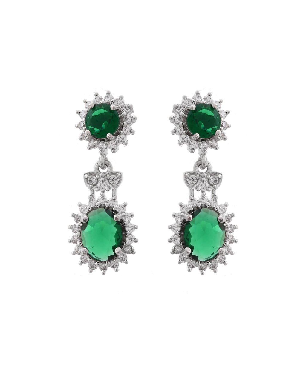 VOJ Silver Plated Green Ad Stone Studded Necklace With Earrings Set | Grocsy