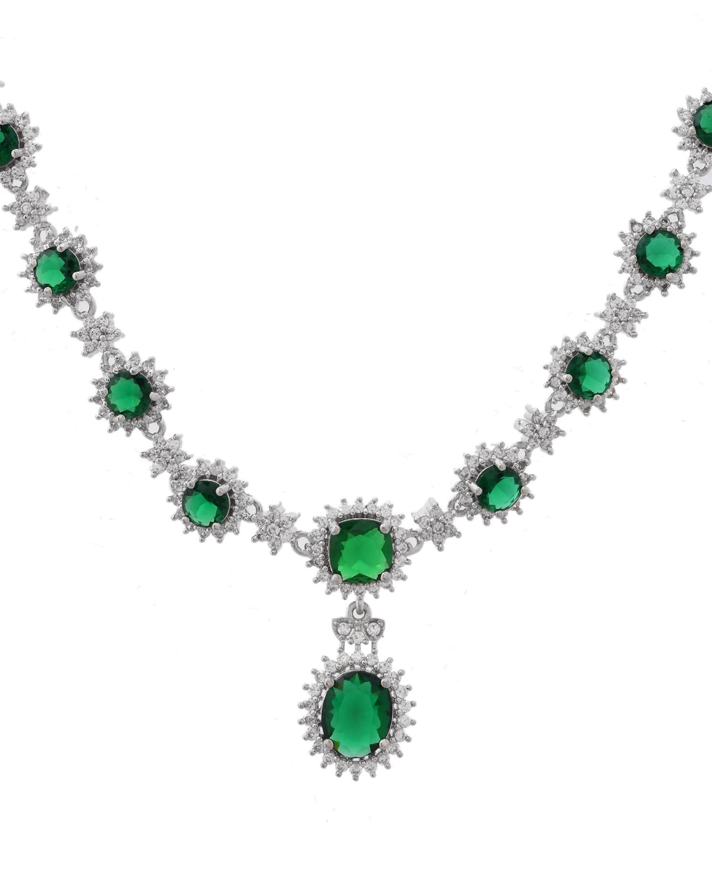 VOJ Silver Plated Green Ad Stone Studded Necklace With Earrings Set | Grocsy