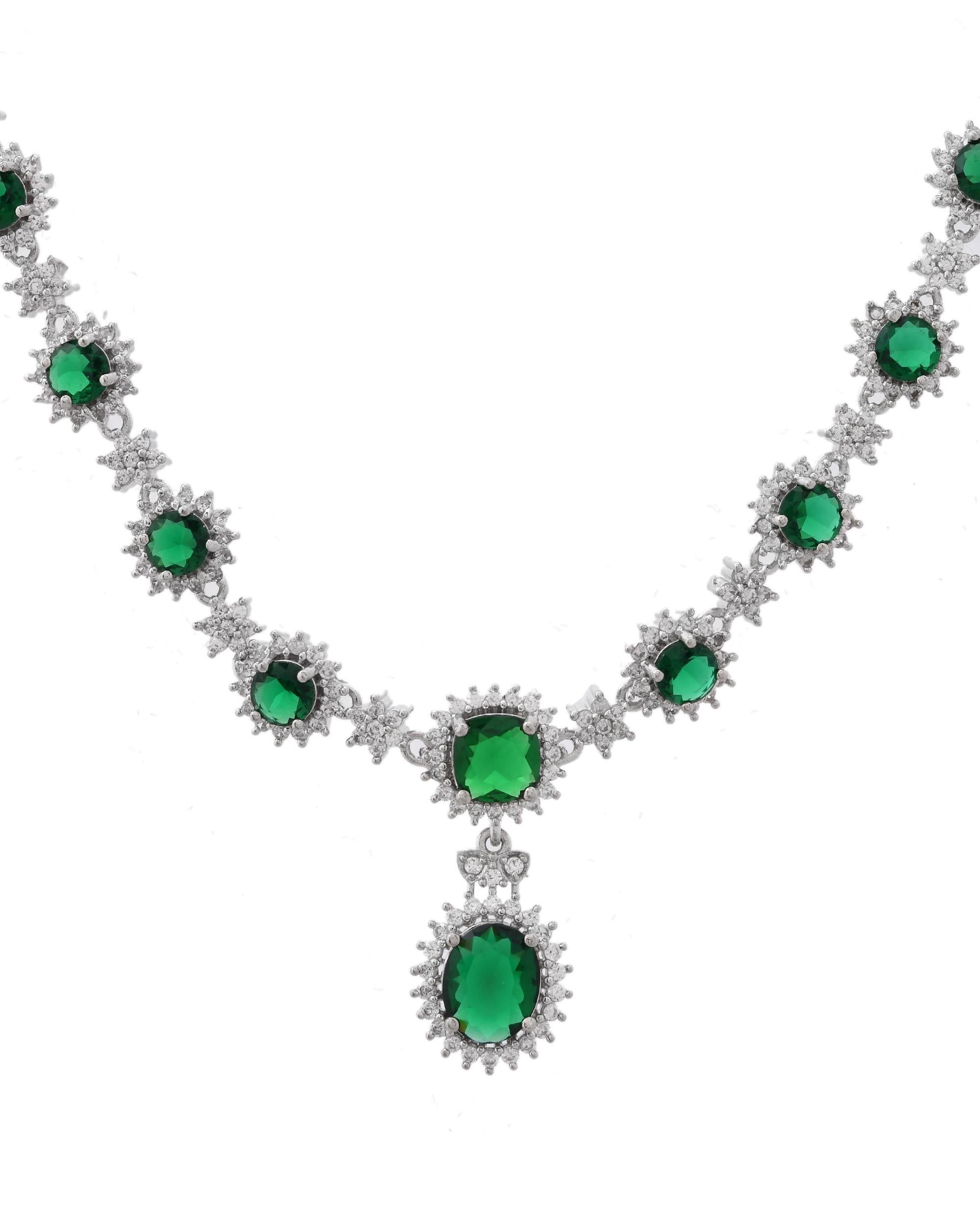 VOJ Silver Plated Green Ad Stone Studded Necklace With Earrings Set | Grocsy