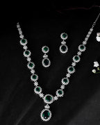 VOJ Silver Plated Green Ad Stone Studded Necklace With Earrings Set | Grocsy
