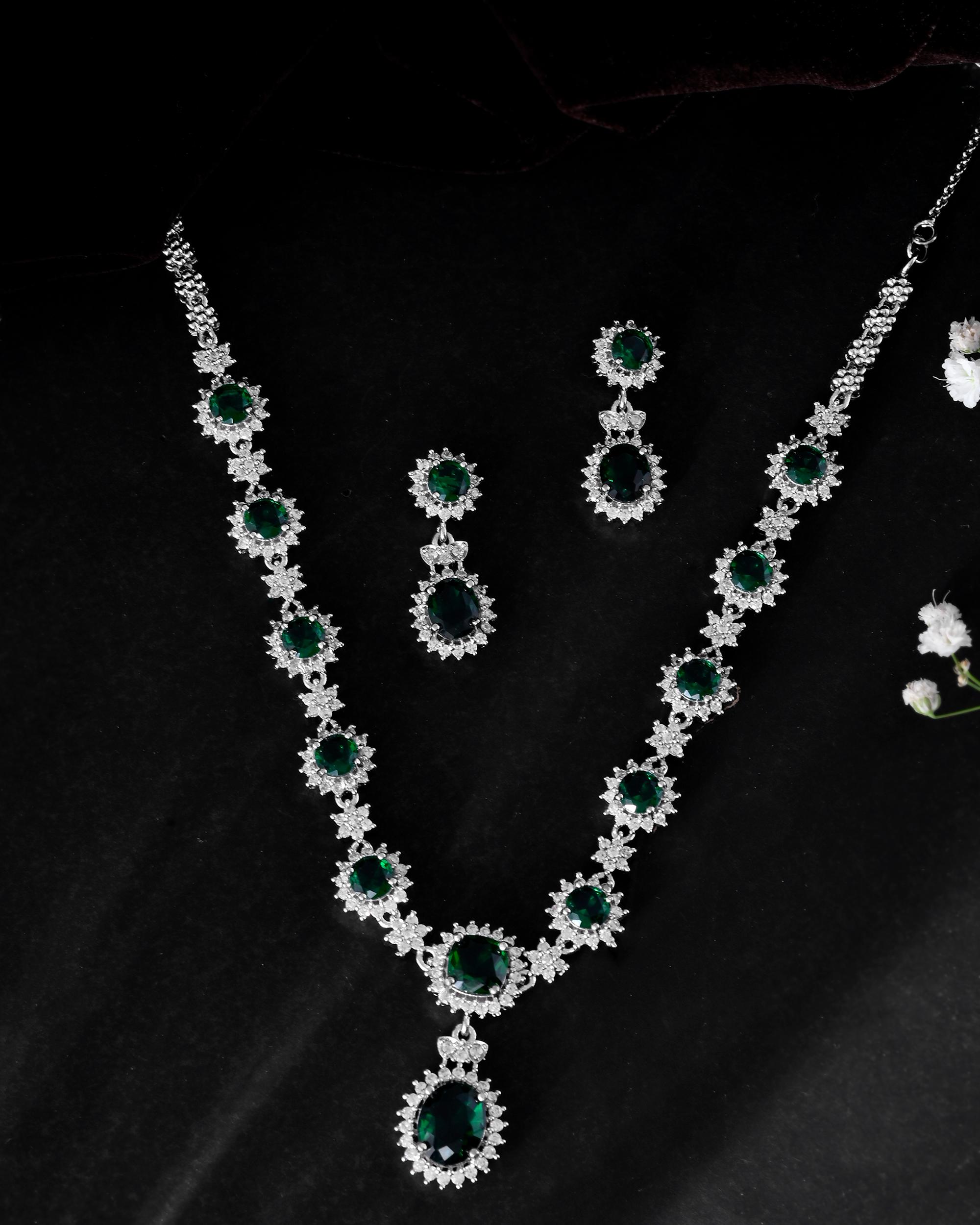VOJ Silver Plated Green Ad Stone Studded Necklace With Earrings Set | Grocsy