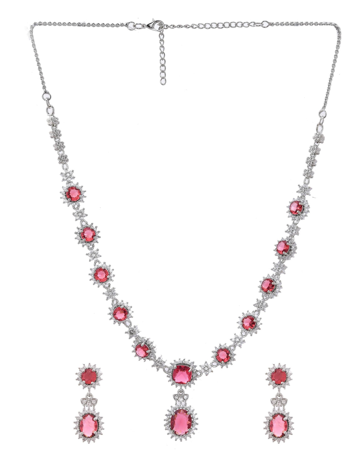 VOJ Silver Plated Red Ad Stone Studded Designer Jewellery Set