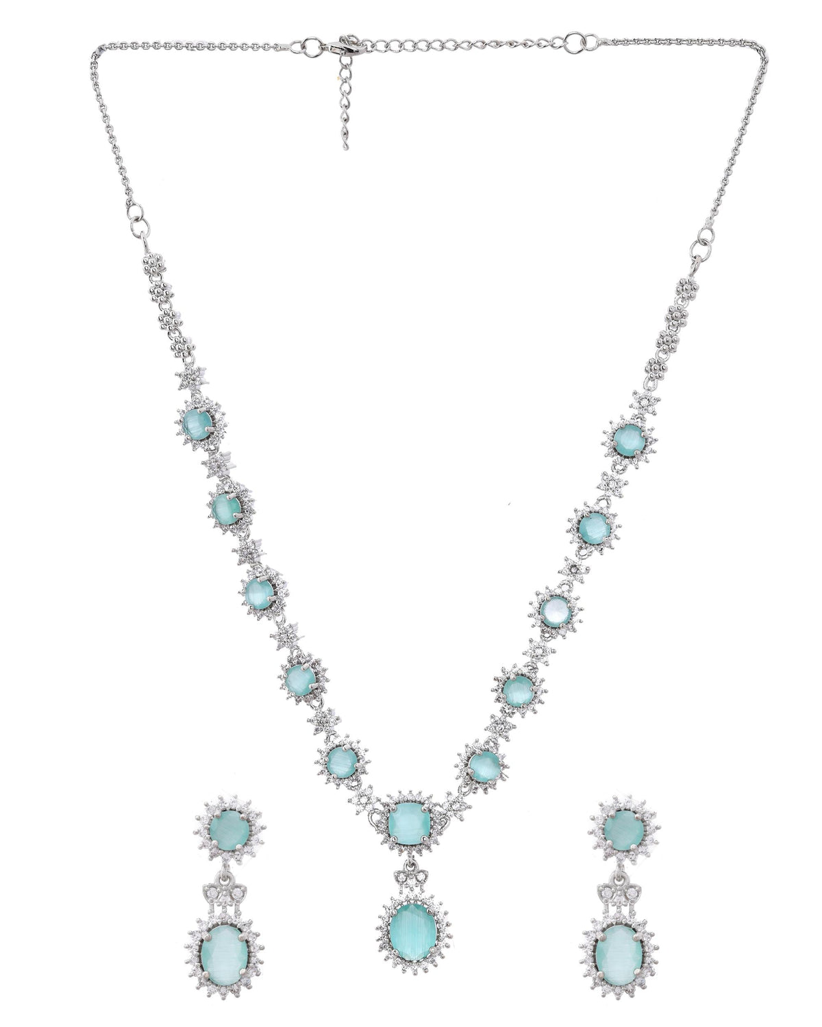 VOJ Silver Plated Sea Green Ad Studded Designer Jewellery Set