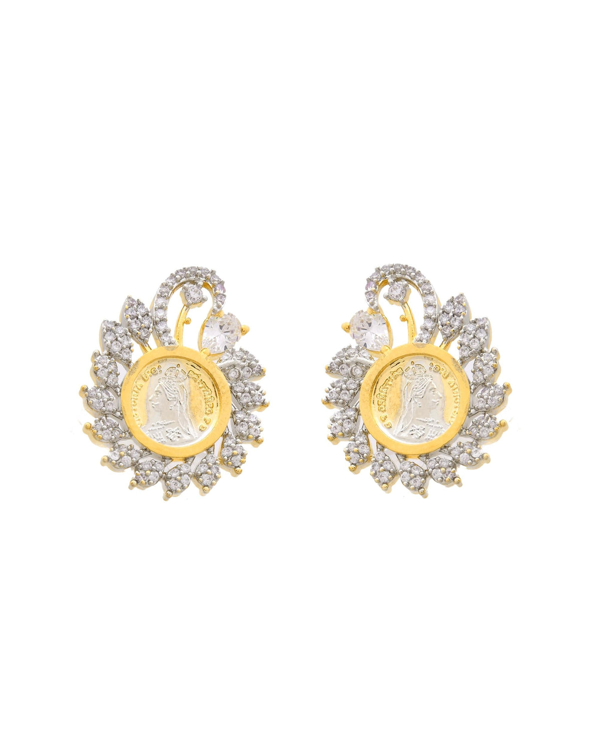 VOJ Dual Toned Ad-Studded Pendant With Chain And Earrings Set