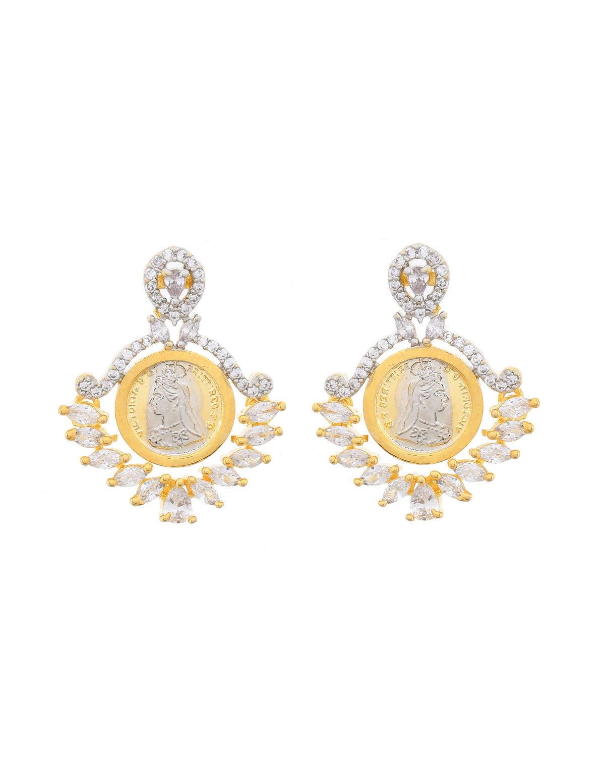 VOJ Dual Toned Ad-Studded Designer Pendant With Chain And Earrings Set