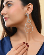VOJ Silver Plated Ad Stone Studded Crescent Shaped Long Drop Earrings