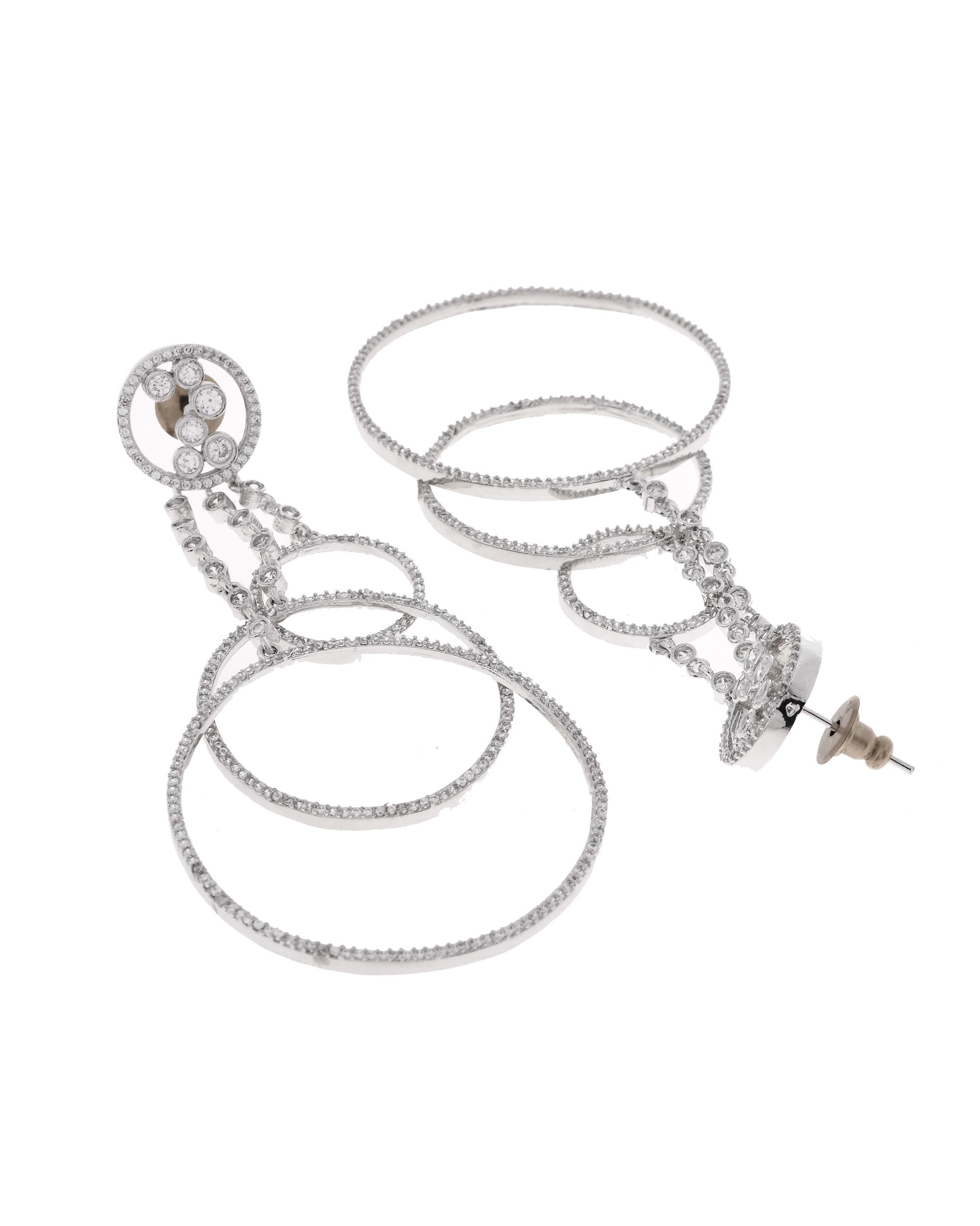 VOJ Silver Plated Ad Stone Studded Crescent Shaped Long Drop Earrings