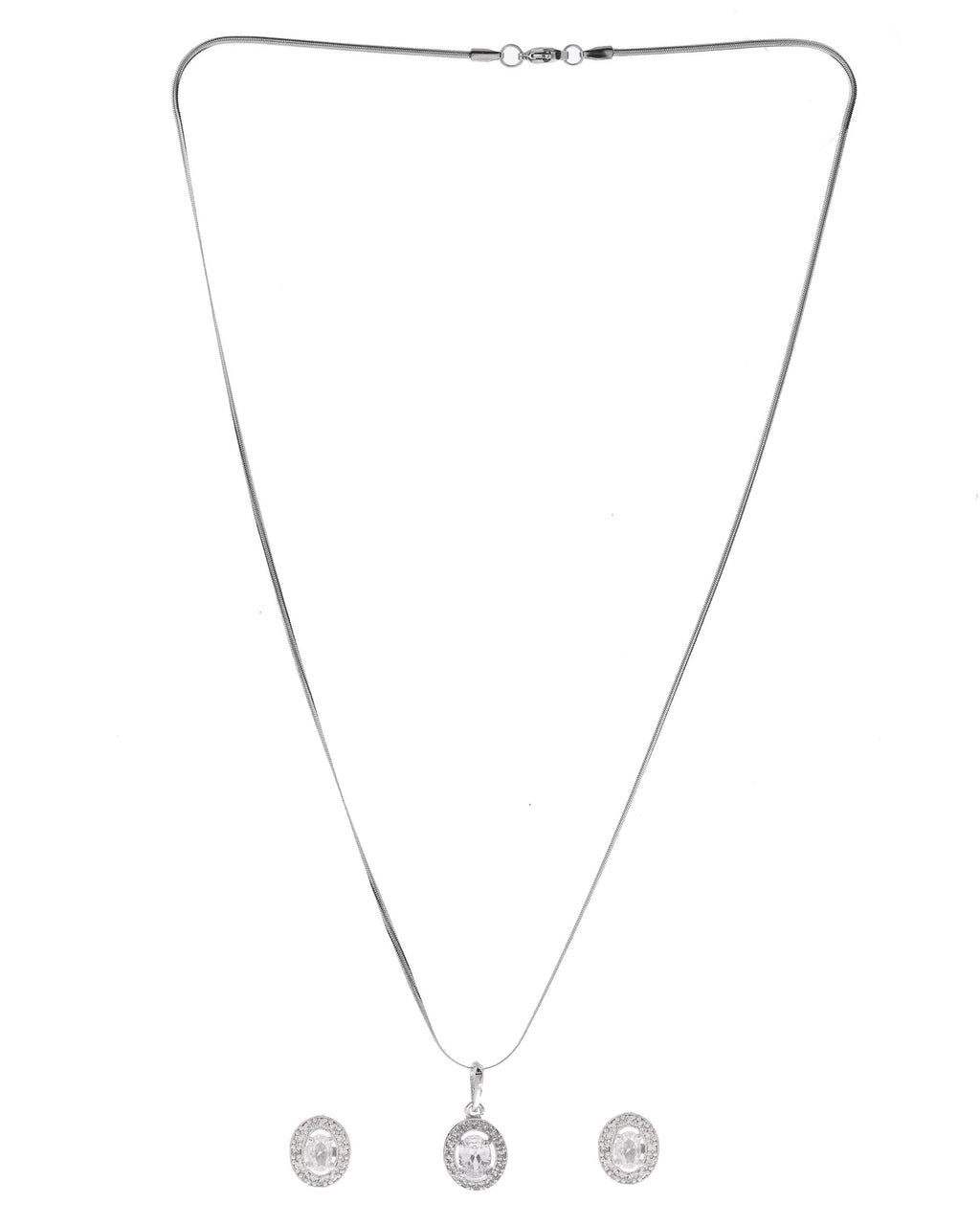 VOJ Silver Plated Ad-Studded Pendant With Chain And Earrings Set