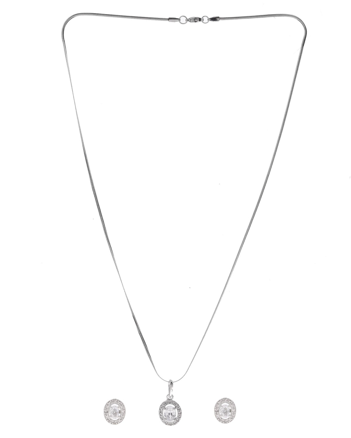 VOJ Silver Plated Ad-Studded Pendant With Chain And Earrings Set