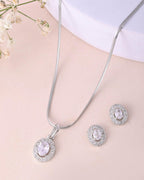 VOJ Silver Plated Ad-Studded Pendant With Chain And Earrings Set
