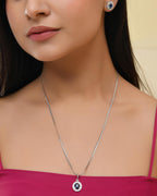 VOJ Silver Plated Blue Ad-Studded Pendant With Chain And Earrings Set