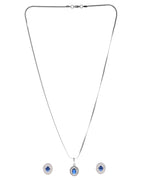 VOJ Silver Plated Blue Ad-Studded Pendant With Chain And Earrings Set