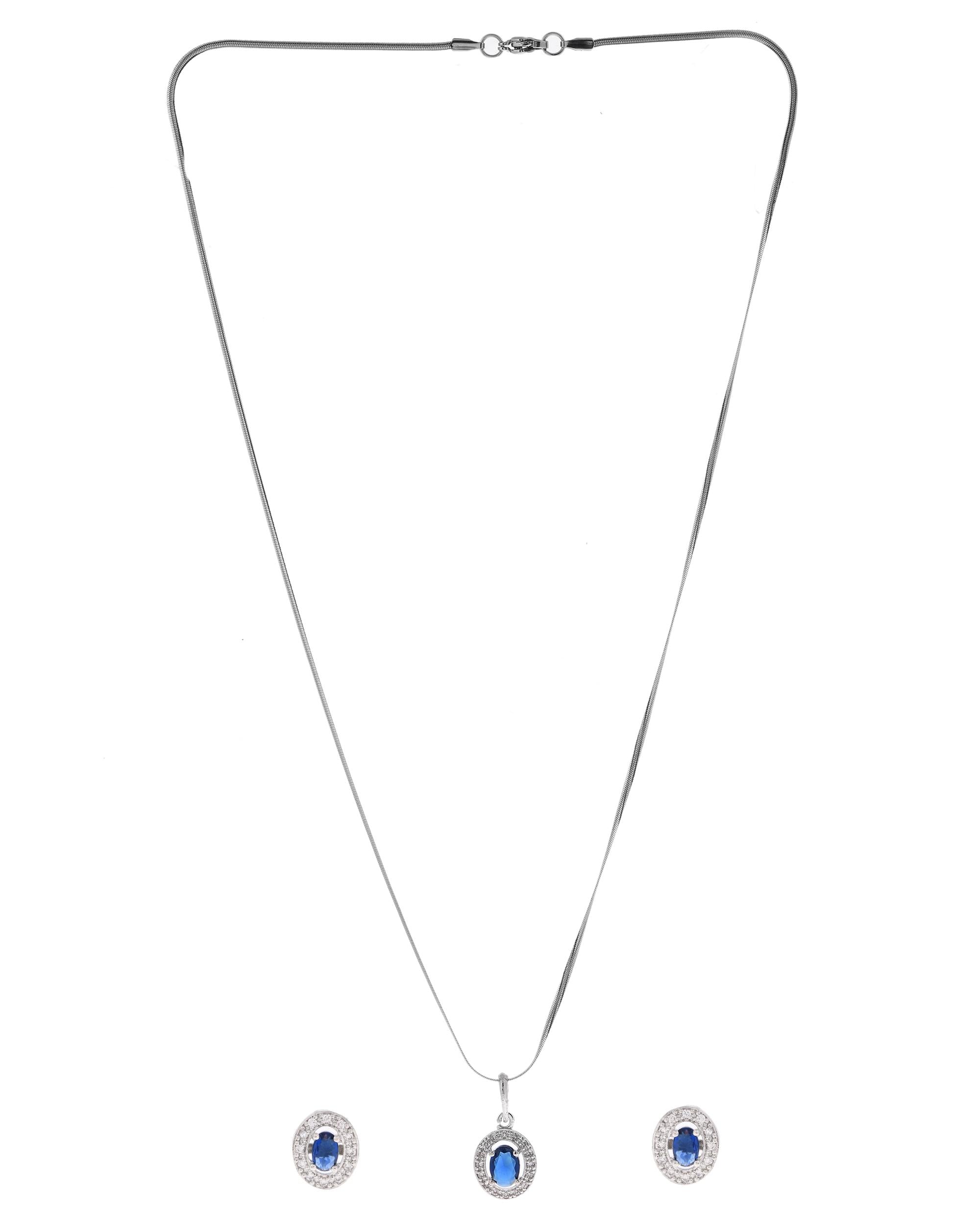 VOJ Silver Plated Blue Ad-Studded Pendant With Chain And Earrings Set