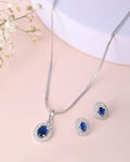 VOJ Silver Plated Blue Ad-Studded Pendant With Chain And Earrings Set