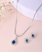 VOJ Silver Plated Blue Ad-Studded Pendant With Chain And Earrings Set