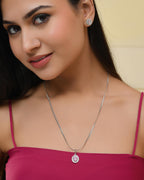 VOJ Silver Plated Pink Ad-Studded Pendant With Chain And Earrings Set