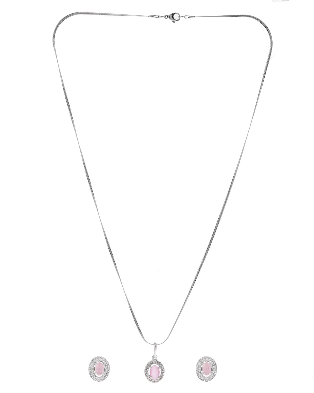VOJ Silver Plated Pink Ad-Studded Pendant With Chain And Earrings Set