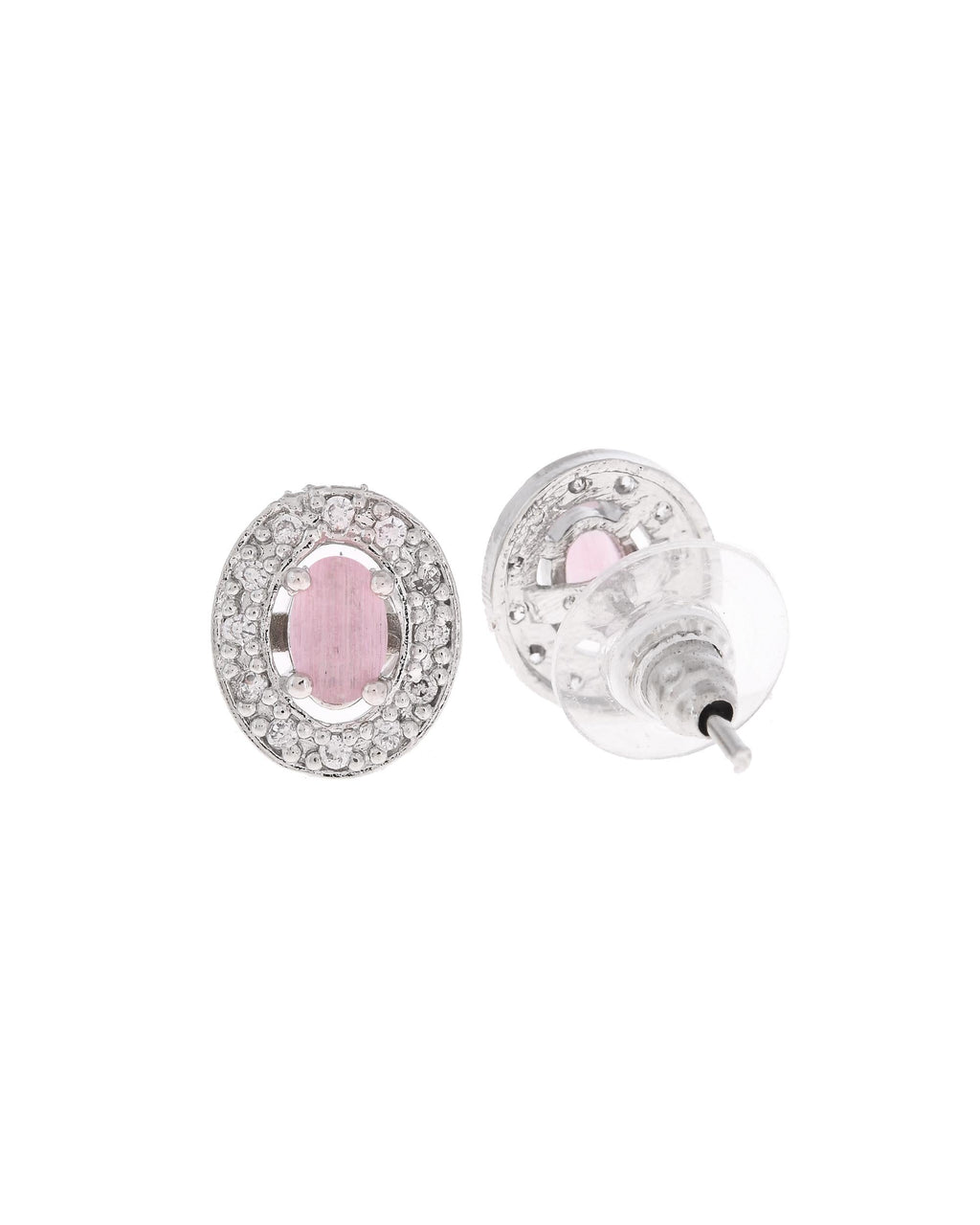 VOJ Silver Plated Pink Ad-Studded Pendant With Chain And Earrings Set