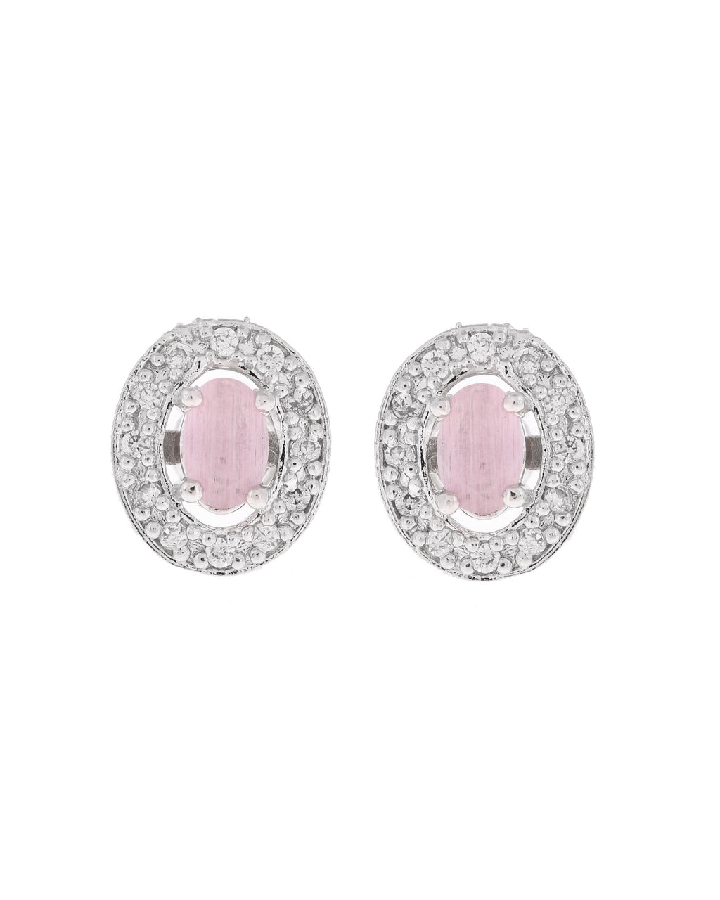VOJ Silver Plated Pink Ad-Studded Pendant With Chain And Earrings Set