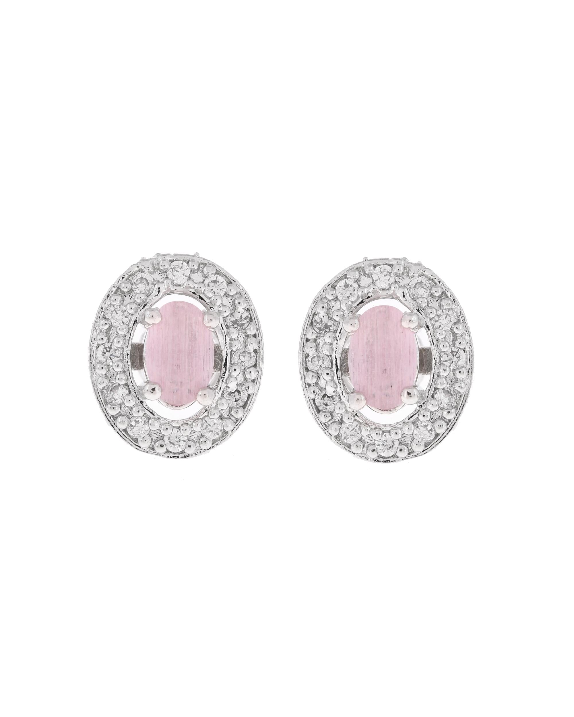 VOJ Silver Plated Pink Ad-Studded Pendant With Chain And Earrings Set