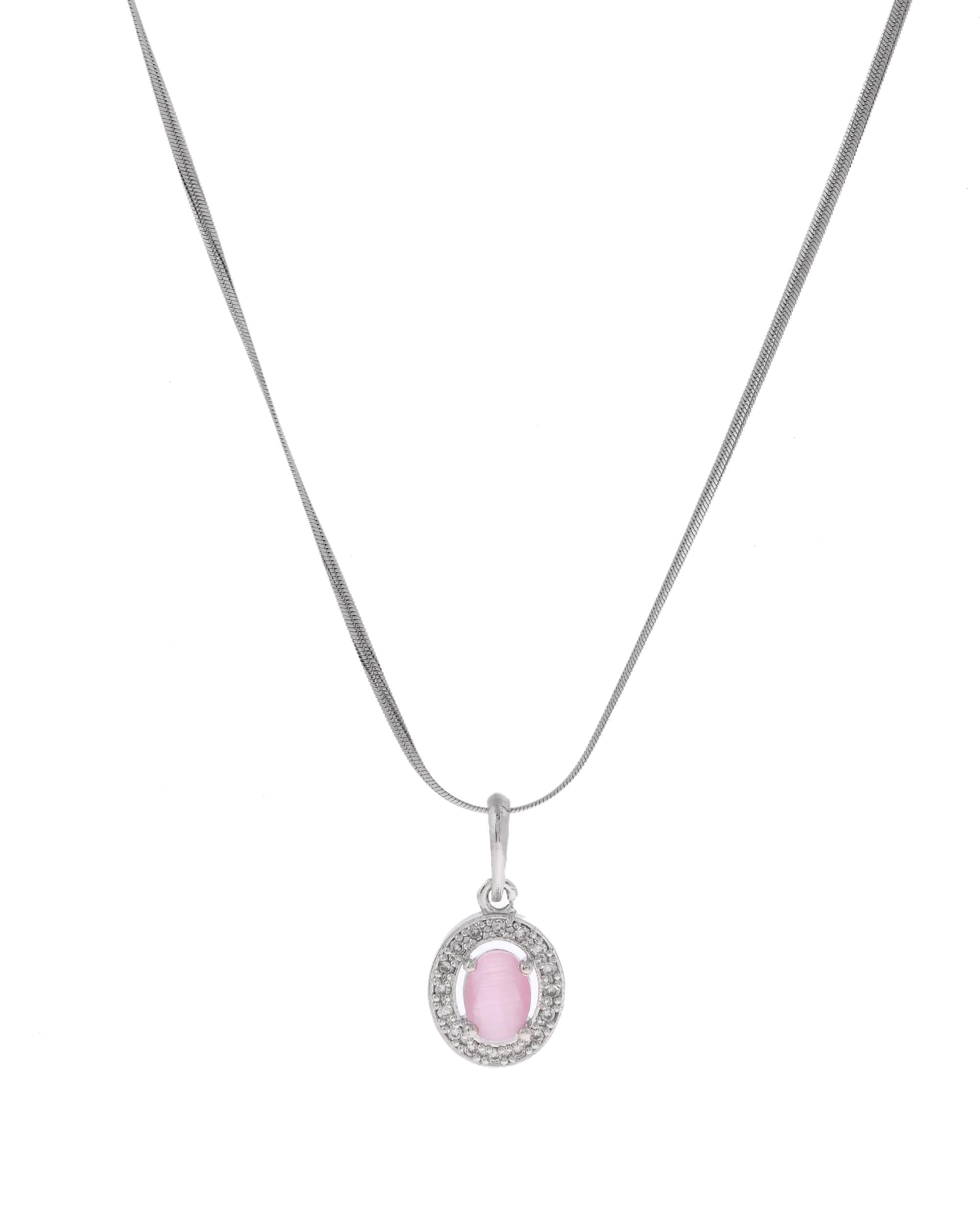 VOJ Silver Plated Pink Ad-Studded Pendant With Chain And Earrings Set