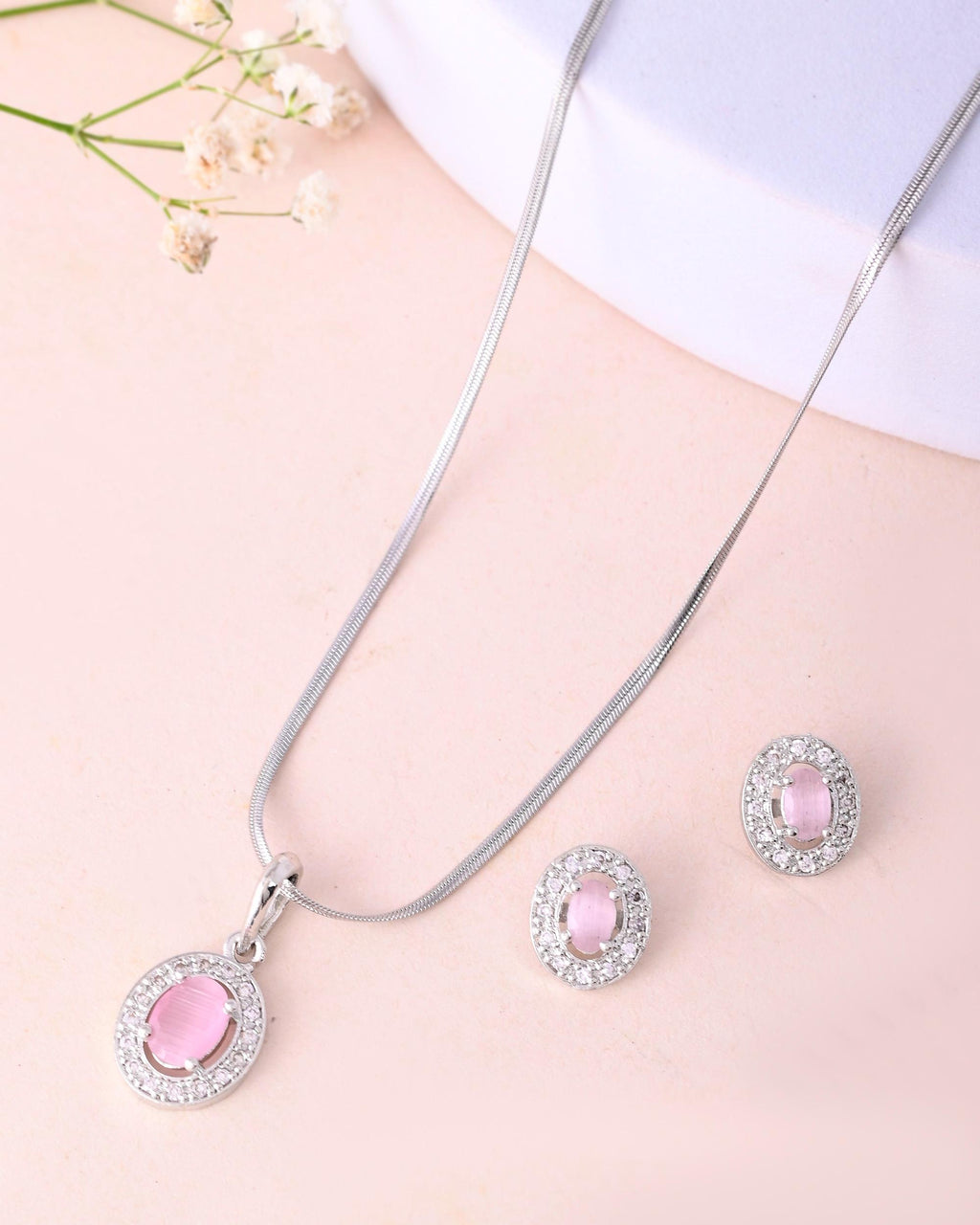 VOJ Silver Plated Pink Ad-Studded Pendant With Chain And Earrings Set