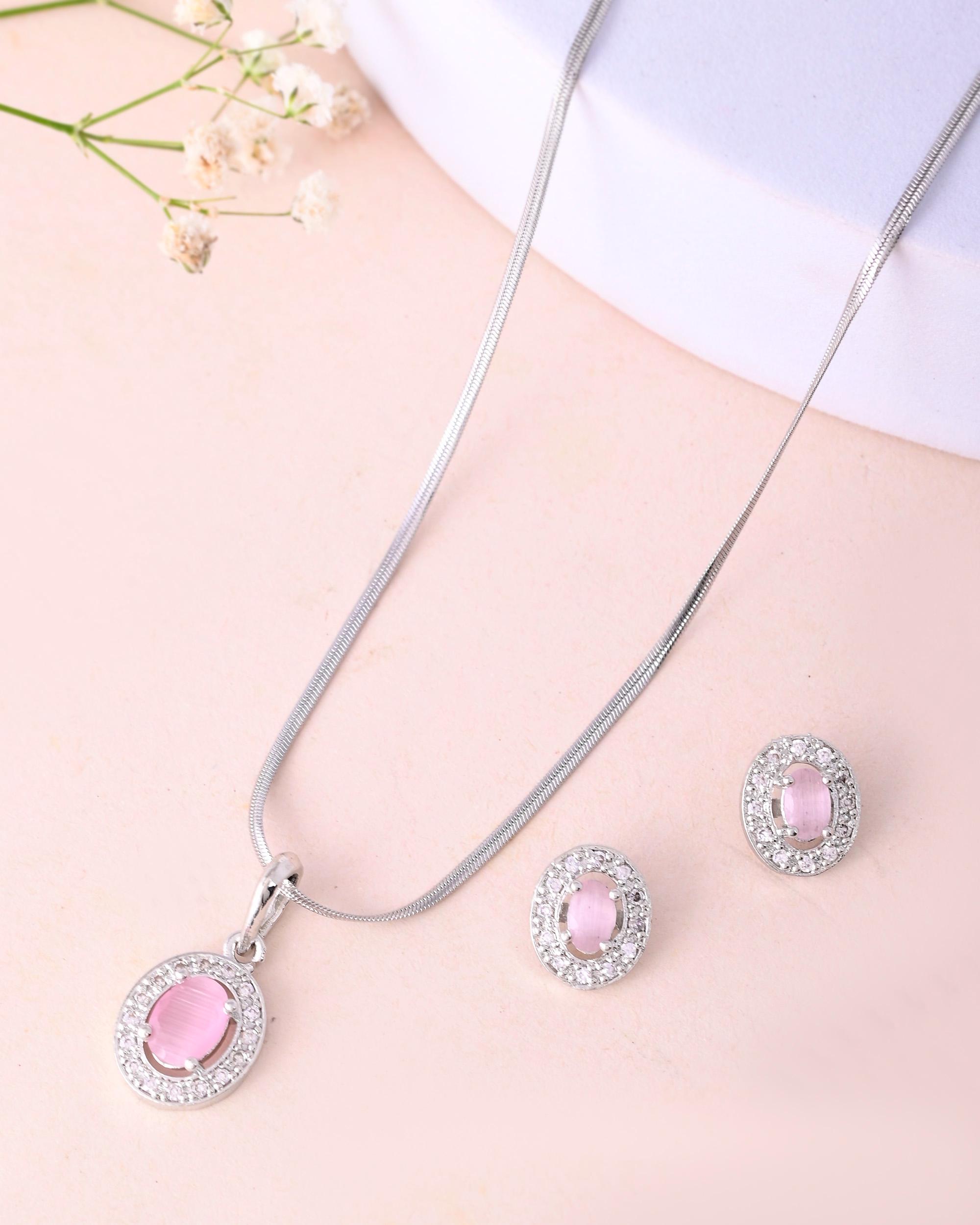 VOJ Silver Plated Pink Ad-Studded Pendant With Chain And Earrings Set