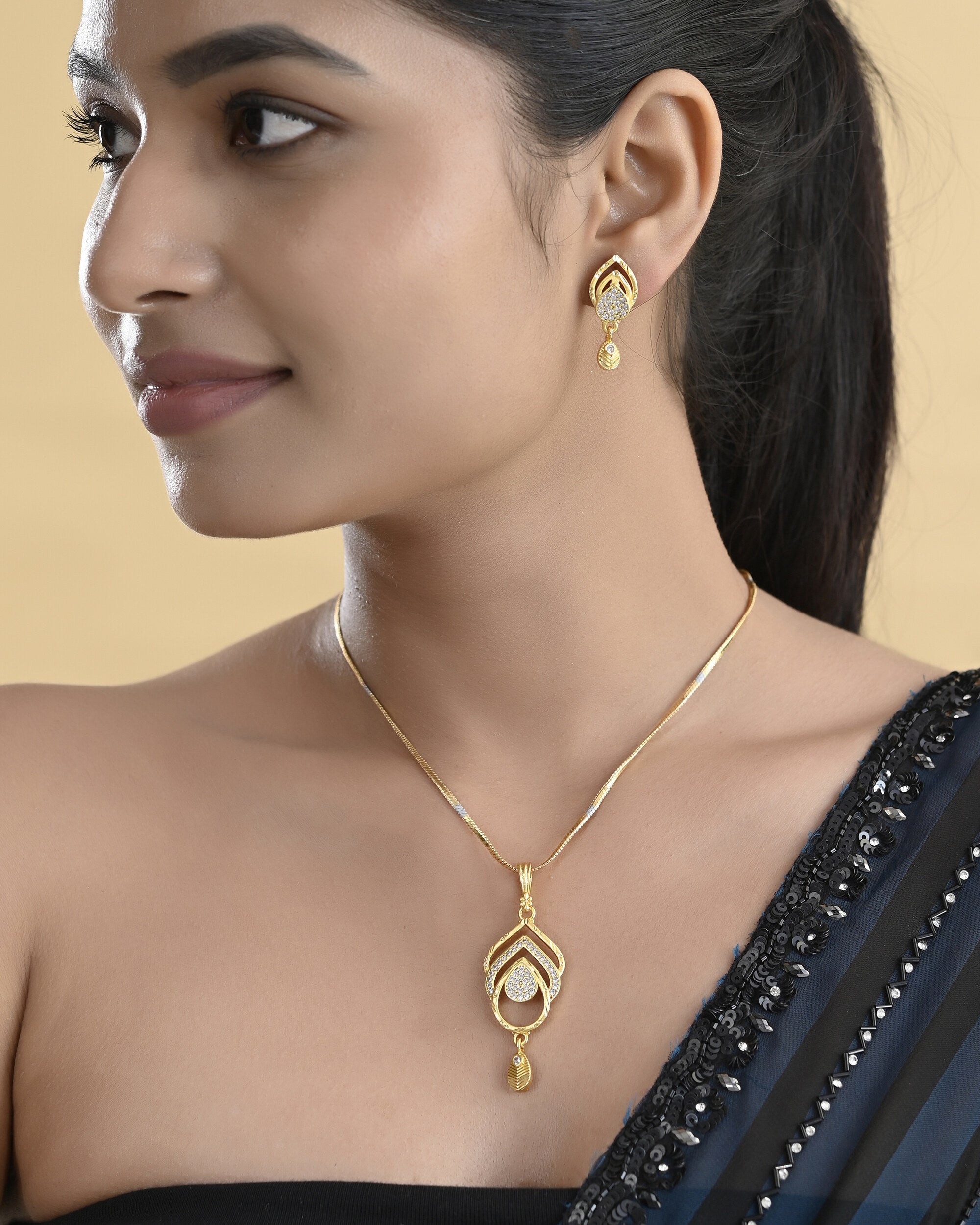 VOJ Gold-Polished AD Stone Studded Designer Chain Set | Grocsy