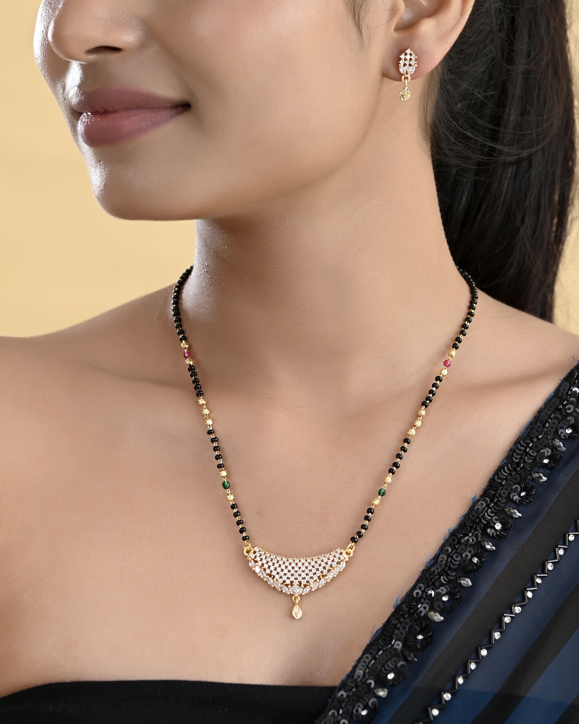 VOJ Gold-Polished AD Stone Studded MangalSutra Set | Grocsy