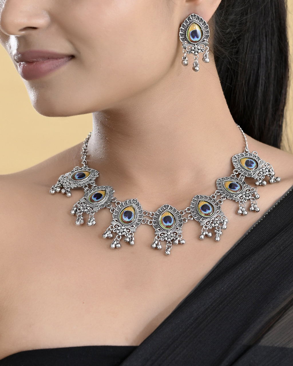 VOJ Silver Toned Peacock Printed Choker Necklace With Earrings Set | Grocsy