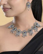 VOJ Silver Toned Peacock Printed Choker Necklace With Earrings Set | Grocsy