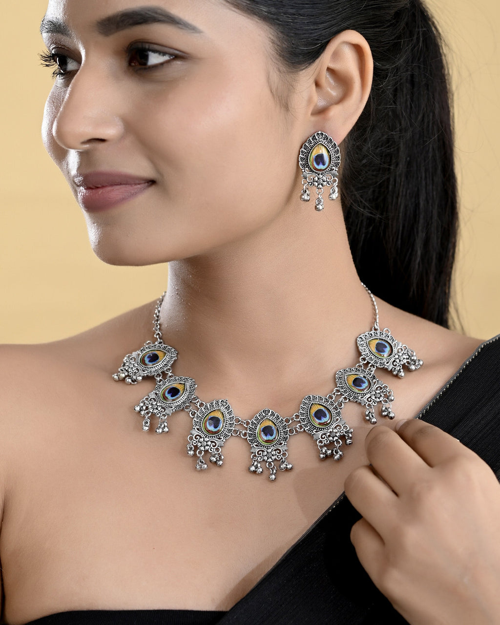 VOJ Silver Toned Peacock Printed Choker Necklace With Earrings Set | Grocsy