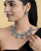 VOJ Silver Toned Peacock Printed Choker Necklace With Earrings Set | Grocsy