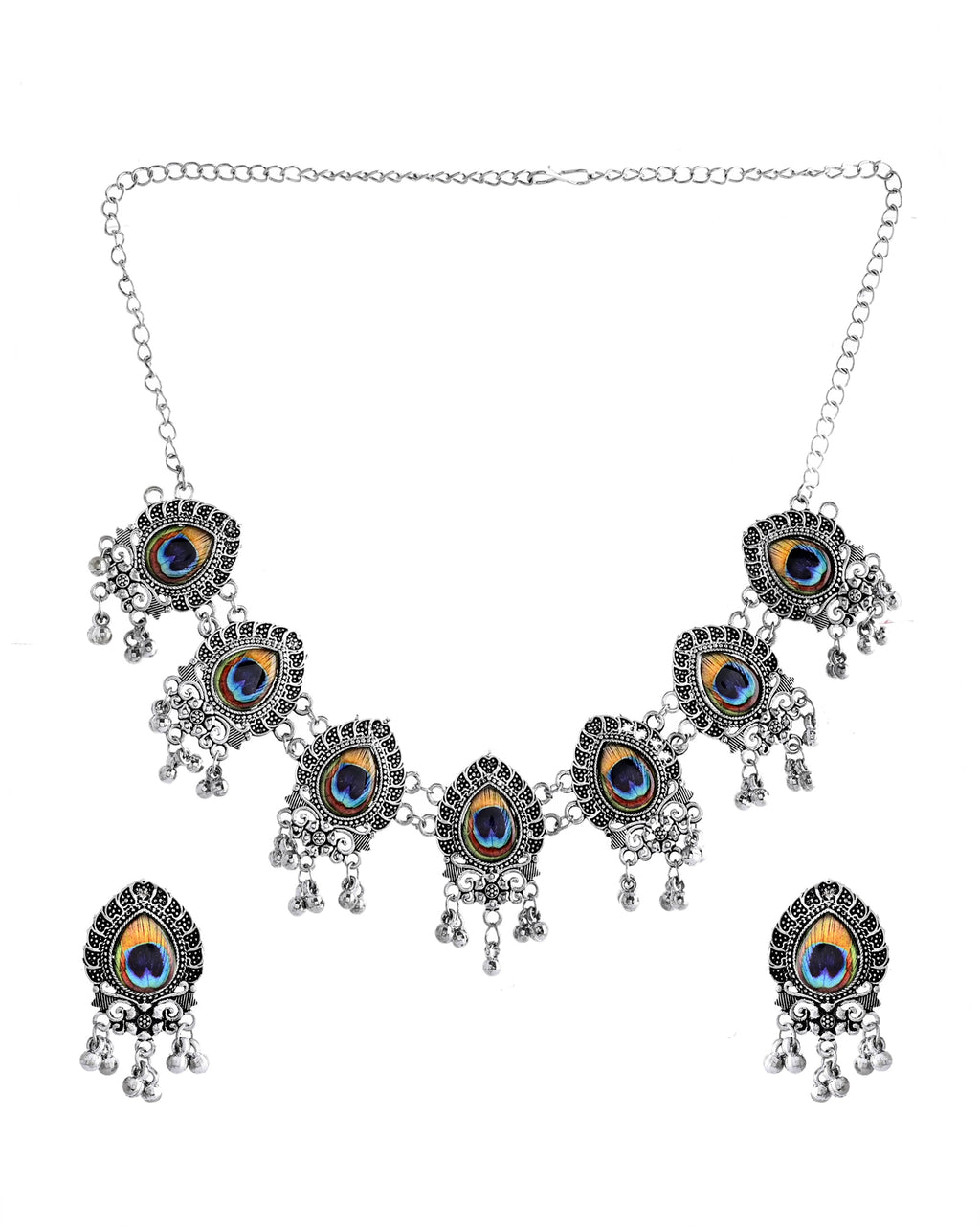 VOJ Silver Toned Peacock Printed Choker Necklace With Earrings Set | Grocsy