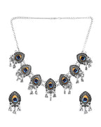 VOJ Silver Toned Peacock Printed Choker Necklace With Earrings Set | Grocsy