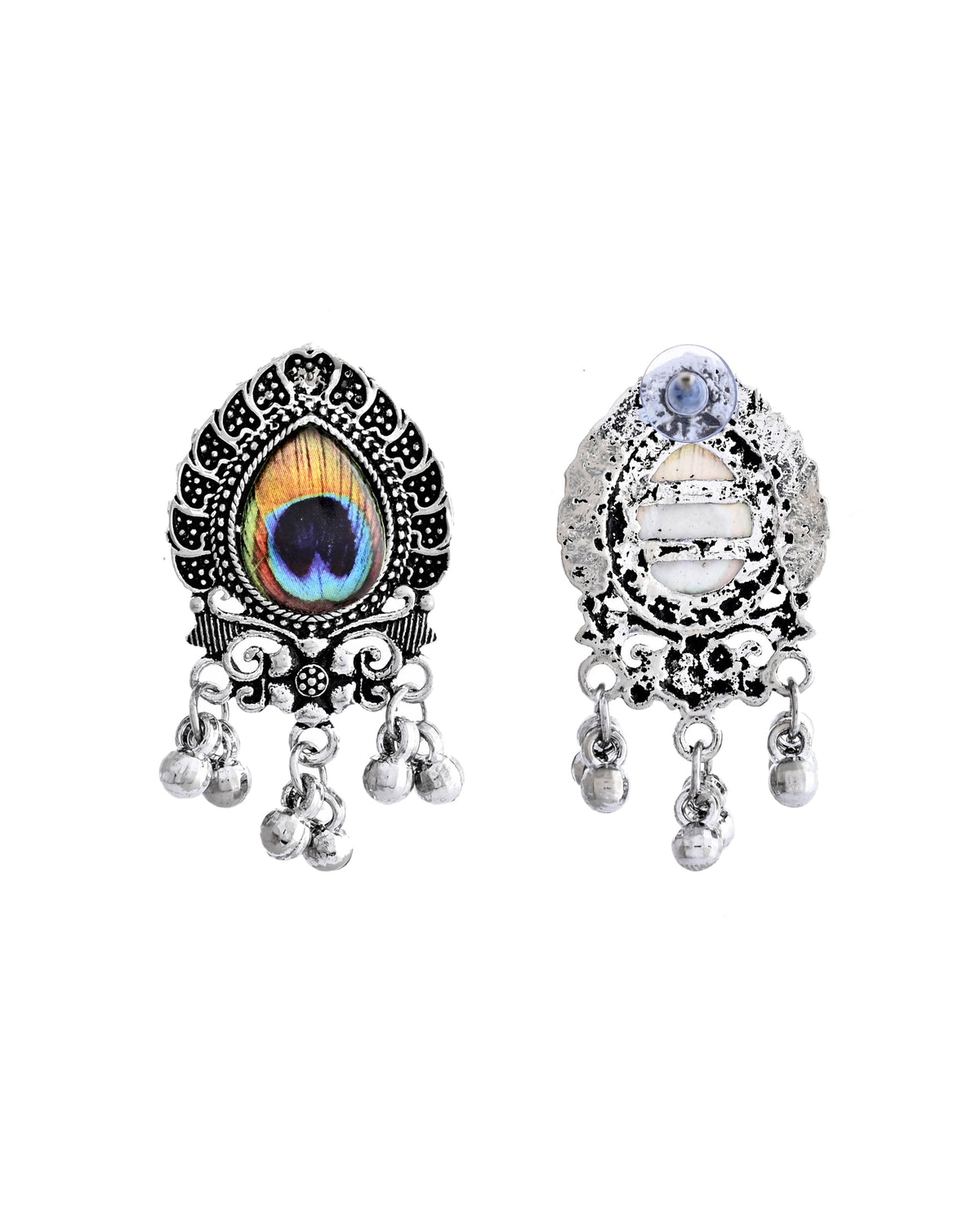 VOJ Silver Toned Peacock Printed Choker Necklace With Earrings Set | Grocsy