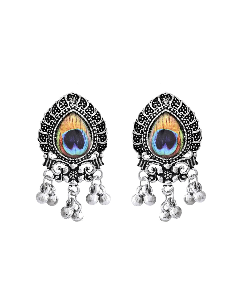 VOJ Silver Toned Peacock Printed Choker Necklace With Earrings Set | Grocsy