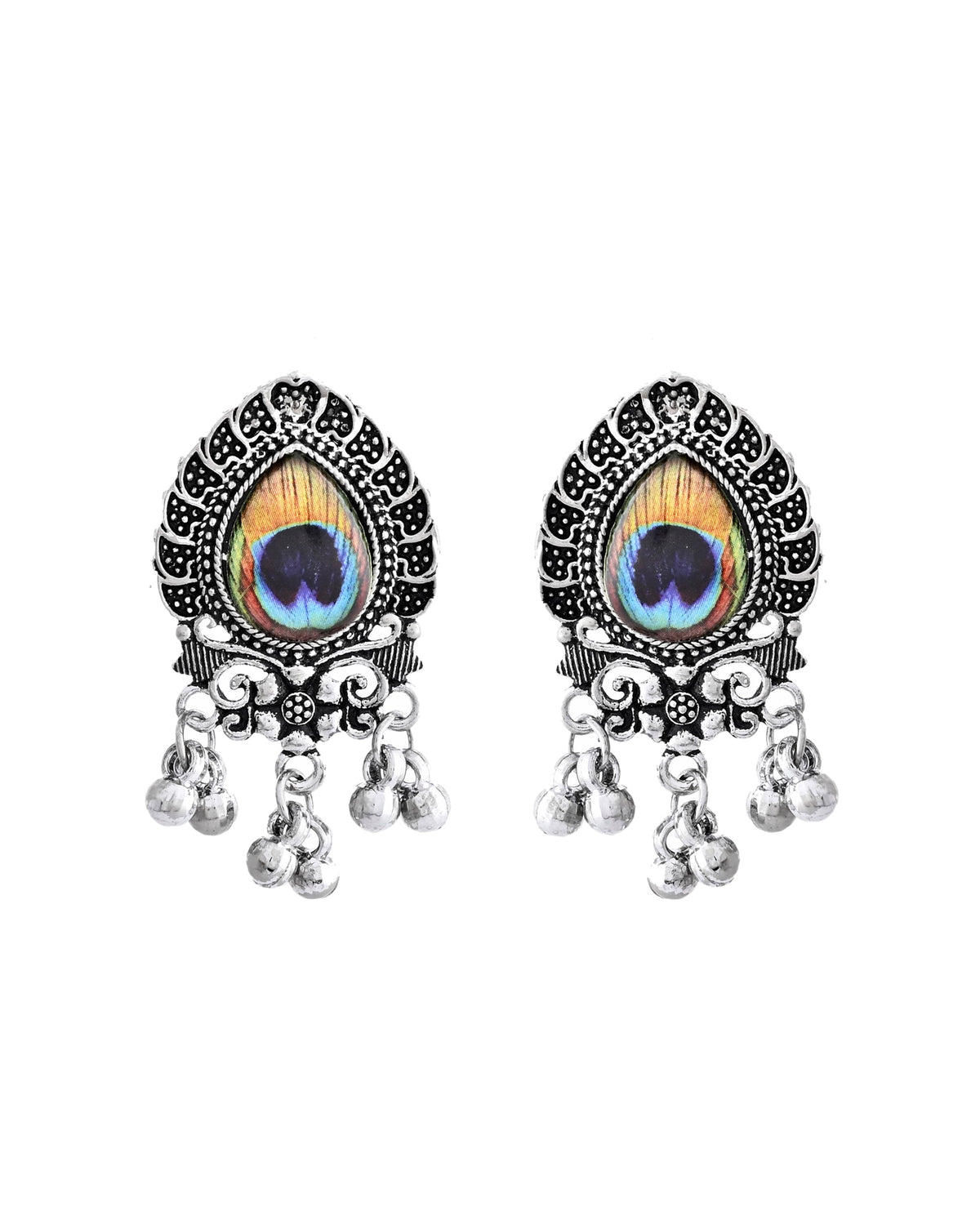 VOJ Silver Toned Peacock Printed Choker Necklace With Earrings Set | Grocsy