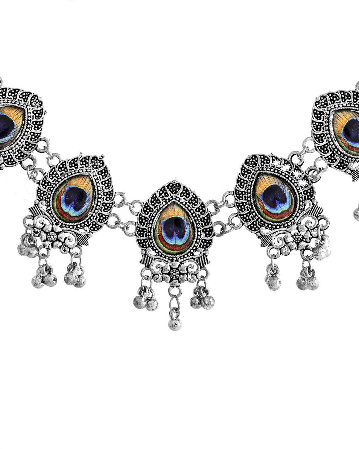 VOJ Silver Toned Peacock Printed Choker Necklace With Earrings Set | Grocsy