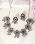 VOJ Silver Toned Peacock Printed Choker Necklace With Earrings Set | Grocsy
