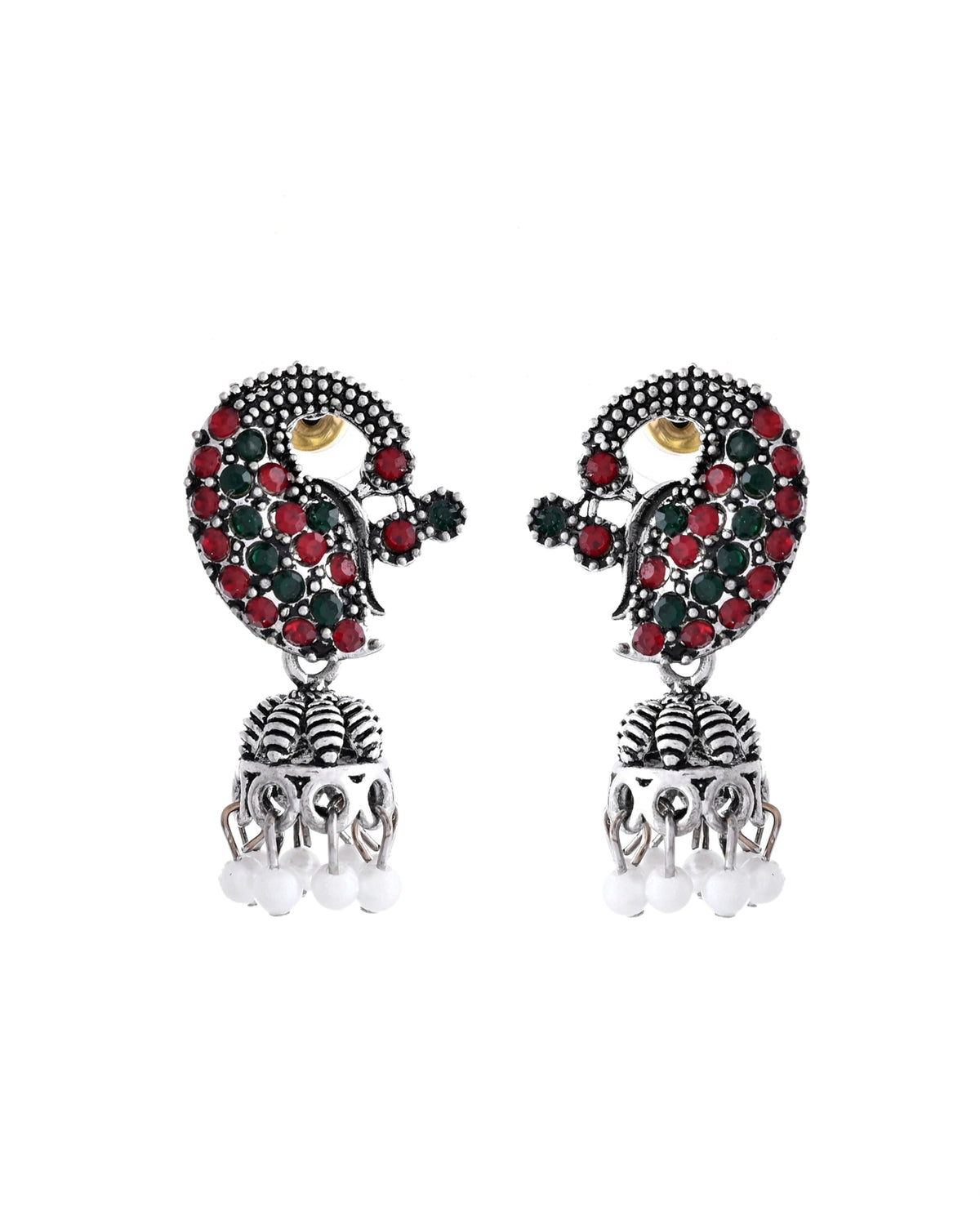 VOJ Silver Plated Peacock Shaped Multi Color Stone Studded Jewellery Set