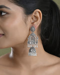 VOJ Silver Plated Oxidized Temple Long Earrings | Grocsy