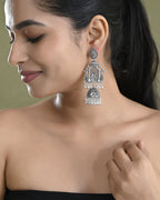 VOJ Silver Plated Oxidized Temple Long Earrings | Grocsy