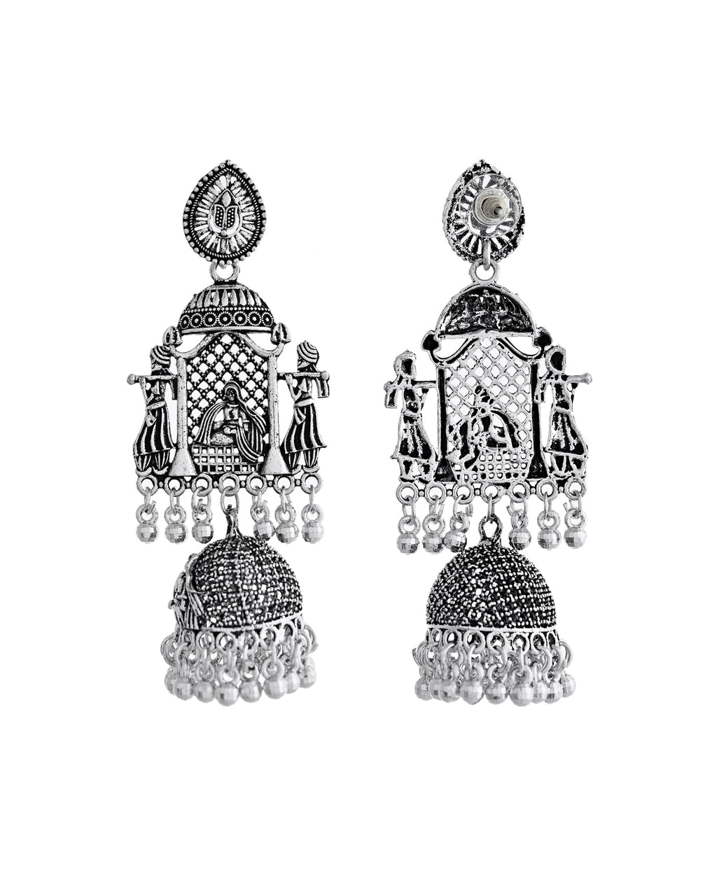 VOJ Silver Plated Oxidized Temple Long Earrings | Grocsy