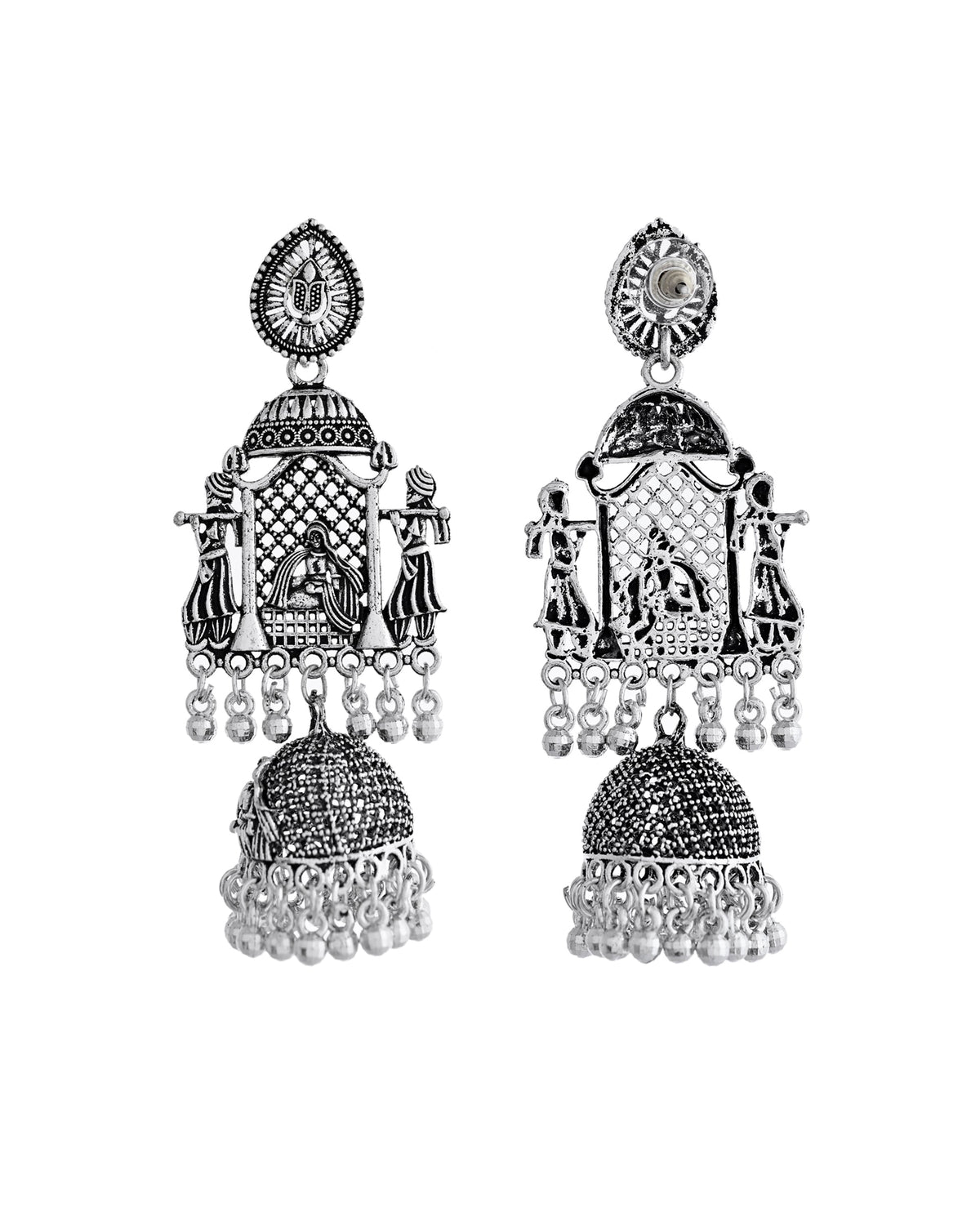 VOJ Silver Plated Oxidized Temple Long Earrings | Grocsy