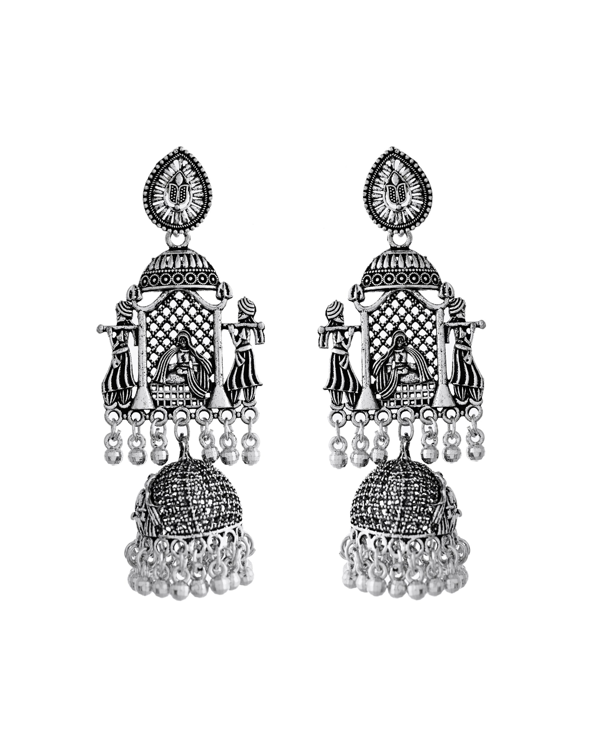VOJ Silver Plated Oxidized Temple Long Earrings | Grocsy