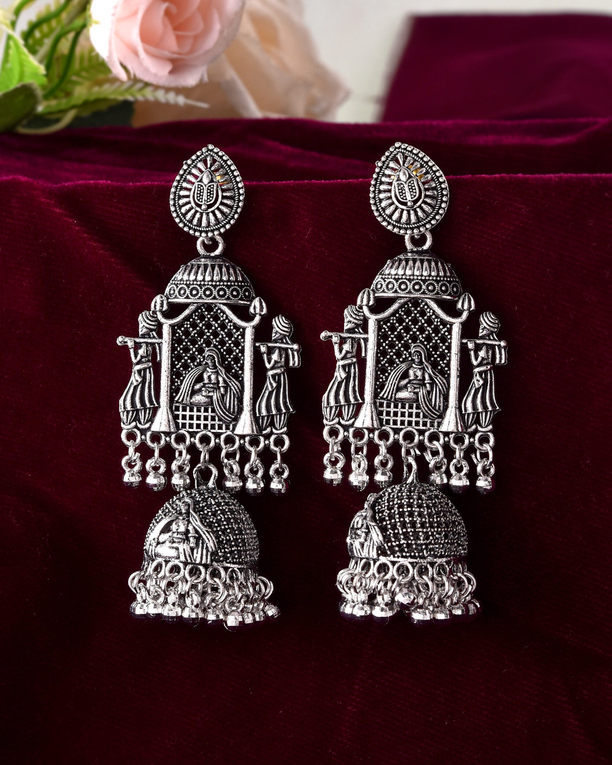 VOJ Silver Plated Oxidized Temple Long Earrings | Grocsy