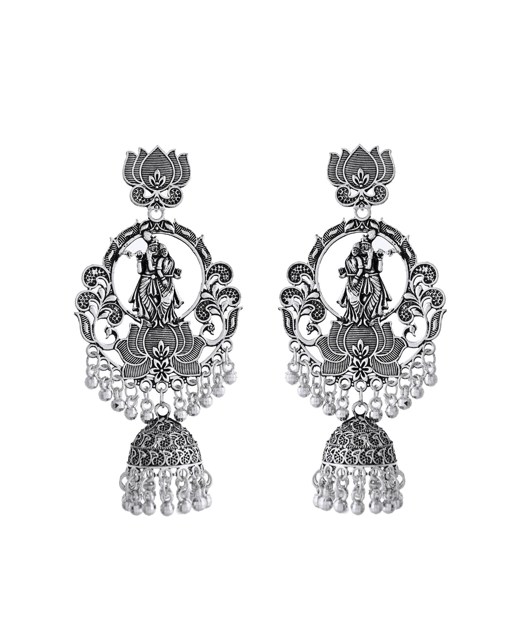 VOJ Silver Plated Radha Krishna Shaped Oxidized Earrings